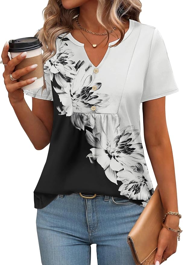 Zeagoo Womens Short Sleeve Tops Summer Henley V-Neck Tshirts Casual Pleated Blouse Dressy Loose Floral Basic Tee