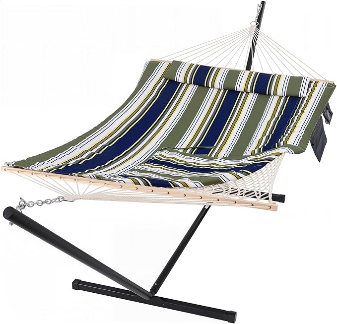 SUNCREAT Hammocks Double Outdoor Hammock with Stand, Cotton Rope Two Person Hammock with Polyester Pad & Large Pillow, Blue& Gray