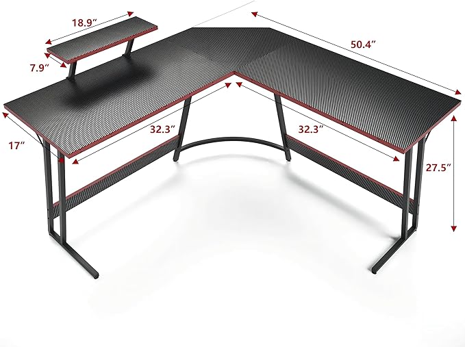 L Shaped Gaming Desk, 51 Inch Computer Corner Table with Large Monitor Stand & Carbon Fiber Surface for Home Office Study Writing Workstation, Black