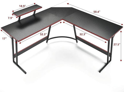 L Shaped Gaming Desk, 51 Inch Computer Corner Table with Large Monitor Stand & Carbon Fiber Surface for Home Office Study Writing Workstation, Black