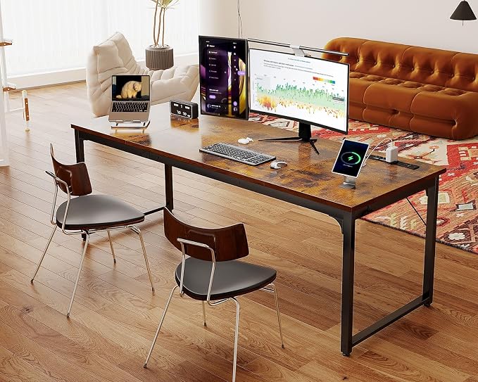 Coleshome 71 Inch Computer Desk with USB Ports, Large Office Desk, Long Study Student Writing Desk, Rustic Brown | Extra-long workspace • Fits dual monitors • Stable steel frame • Spacious legroom • Home office & gaming