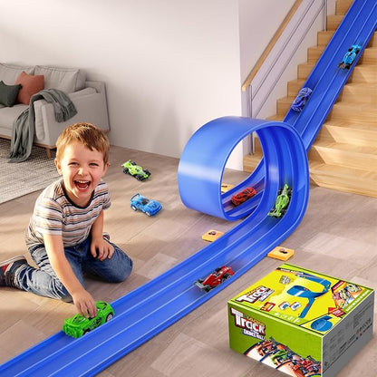 3-Lane Flexible Race Track Toy Set - 16.4 Ft DIY Racetrack with Strong Suction Cups, Portable Roll-Up Car Track for Kids Compatible with 1/64 Diecast Cars