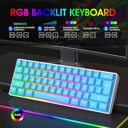 Snpurdiri 60% Wired Gaming Keyboard, 61 Keys RGB (Blue) | Small Ultra-Compact Backlit 60 Percent Gaming Keyboard for PC/Mac Gamer, Typist, Travel, Easy to Carry on Business Trip