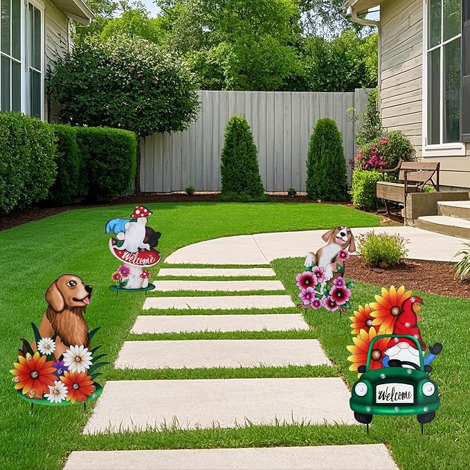 WONDER GARDEN Decorative Garden Stakes - Lighted Dog and Flower Yard Sign Stakes Spring Signs for Outdoor, Porch, Yard,Flower Bed Decor (Battery Operated)