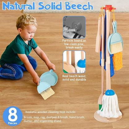 Wooden Kids Cleaning Set for Toddlers,8 Pieces Montessori Cleaning Toys with Kids Broom and Mop Set, Housework Pretend Play Toy Gift for Boys Girls Ages 3+