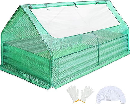 Quictent 6x3x1ft Galvanized Raised Garden Bed with Cover Metal Planter Bottomless Box w/ 2 Large Screen Windows Mini Greenhouse 20pcs T-Tags 1 Pair Gloves Outdoor Growing Vegetables (Green)