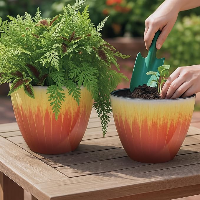 Plant Pots Pack of 4, 8 inch Plastic Flower Pots, Modern Glossy Finishing Planter for Indoor Outdoor Plants (Orange Glaze, 4 Pack)