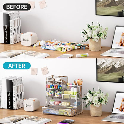 Marbrasse Mesh Pen Holder for Desk, Pen Organizer with Drawer, Multi-Functional Pencil Organizer, Desk Organizers and Accessories for Office Art Supplies (Silver)