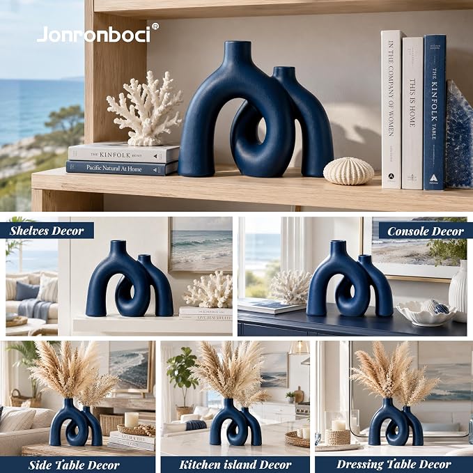 Hug Donut Decorative Vase Set - Navy Blue Vase, Modern Coastal Style Vases Home Decor, Matte Ceramic Decorations for Living Room Shelf, Bookshelf Mantle Entryway Table or Console Décor (Navy Blue) | Decorative Sculptural & Flower Vase for Living Room, ...