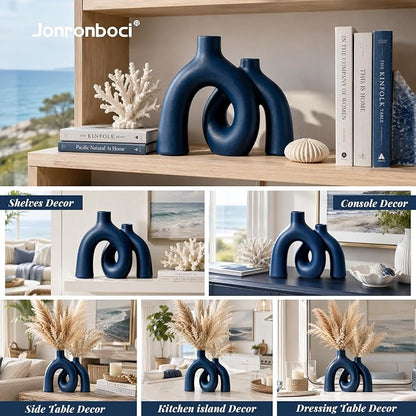Hug Donut Decorative Vase Set - Navy Blue Vase, Modern Coastal Style Vases Home Decor, Matte Ceramic Decorations for Living Room Shelf, Bookshelf Mantle Entryway Table or Console Décor (Navy Blue) | Decorative Sculptural & Flower Vase for Living Room, ...