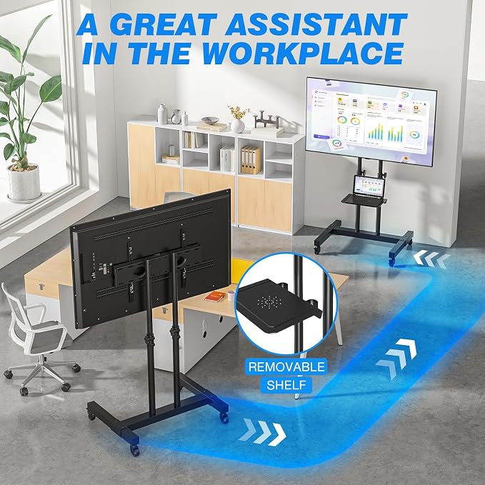 Rfiver Mobile TV Cart Rolling TV Stand for 32-83 Inch Screens up to 110lbs, Portable TV Stand on Wheels with Height Adjustable Shelf, Outdoor TV Stands Mount for Home Office MAX VESA 600x400mm, Black