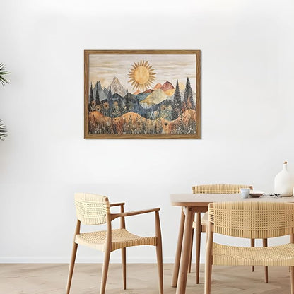 Framed Boho Sun Canvas Wall Art, Modern Abstract Mountain Landscape Painting, Southwestern Sun Poster Picture Print, Boho Floral Aesthetic Wall Decor for Bedroom Home Office 16x24 inch