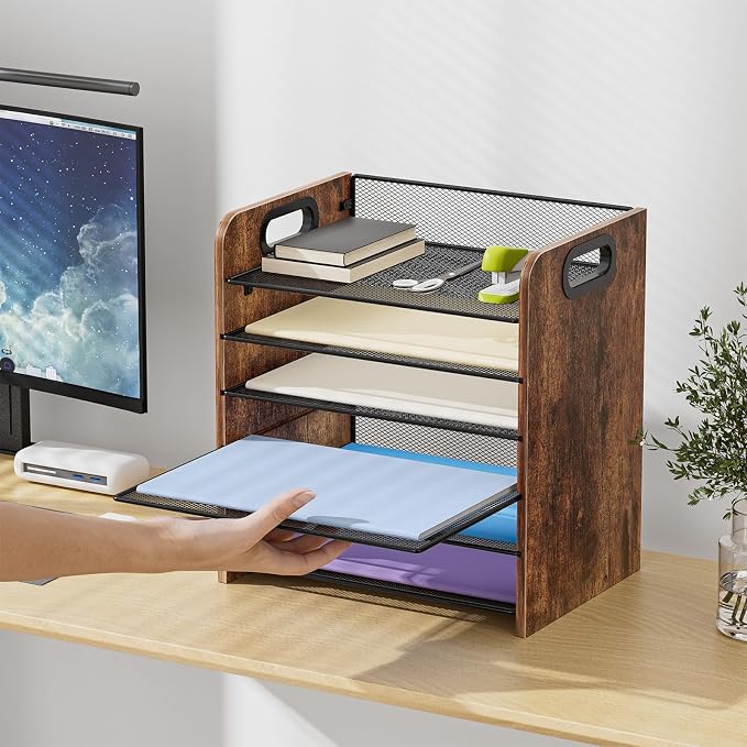 Marbrasse 6 Tier Paper Organizer Letter Tray - Wooden Desk File Organizer with Handle, Paper Sorter Organizer for Letter/A4 Office File Folder Holder