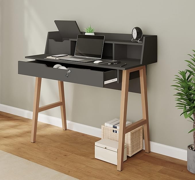 Roma Writing Desk - Elegant Wood Study Desk With Storage, Cable Holes & Drawers - Work Table for Home, Office, Dorm, Small Spaces - Compact Black Desk, 40x19x36.9” (black)