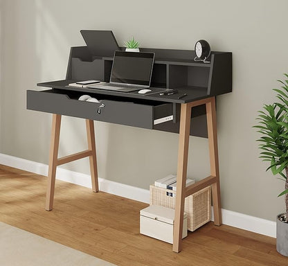 Roma Writing Desk - Elegant Wood Study Desk With Storage, Cable Holes & Drawers - Work Table for Home, Office, Dorm, Small Spaces - Compact Black Desk, 40x19x36.9” (black)