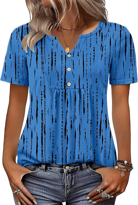 Zeagoo Womens Short Sleeve Tops Summer Henley V-Neck Tshirts Casual Pleated Blouse Dressy Loose Floral Basic Tee