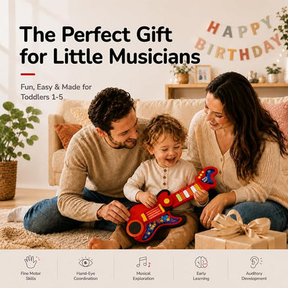 Toddler Guitar Toy for Boys & Girls 1-3, 4-in-1 Touch & Play Kids Guitar Piano Musical Toy with Projector Light, Drum, Lullabies & Volume Control, First Guitar Birthday Gift for Kids & Babies Ages 1-5