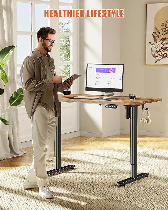 Electric Standing Desk Adjustable Height Sit Stand Desk, 48" x 24" Stand Up Desk, Low Noise Computer Desk, Home Office Desk with Whole-Piece Board, Memory Function & Child Lock
