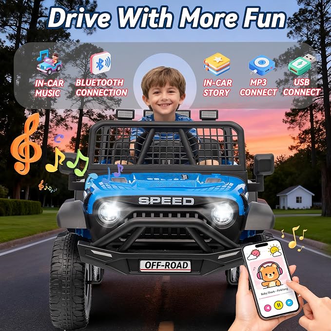 24V Ride on Toys w/Remote Control, 4WD Kids Ride on Truck Car, 3 Speed, Bluetooth Music, Wide Seat, Spring Suspension, LED Light, Birthday for Boys Girls Toddler (BrightBlue)