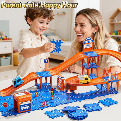 Toddler Puzzle Race Cars Track Toys for Kids Age 3-5 2-4 Years, 59PCS Puzzles Car Track Set Includes 2 Cars and Road Signs, Educational Birthday Gifts for Kids, Boys and Girls