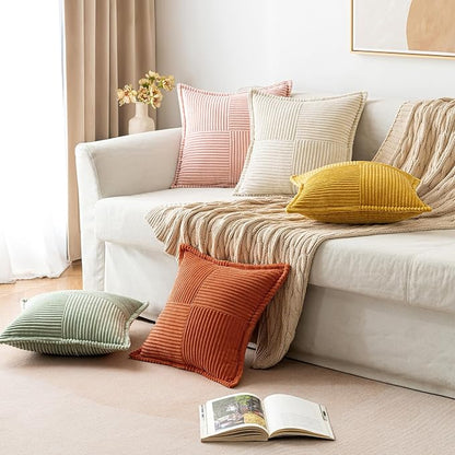 MIULEE Fall Rust Decorative Throw Pillow Covers for Couch Bed Livingroom 16x16 Inch Set of 2 Boho Accent Throw Pllows Broadside Striped Patchwork Soft Corduroy Pillowcases, Terracotta