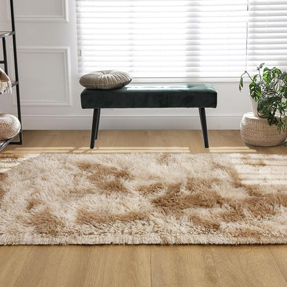 Tepook Fluffy Runner Rugs for Bedroom Aesthetic 2x6 Feet, Shag Soft Bedside Rug with Non-Slip Bottom, Fuzzy Plush Carpet for Room, Hallway Rug for Nursery Dorm Indoor Home Decor, Tie-Dyed Beige