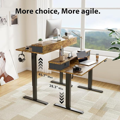 63 x 24 Inches Height Adjustable Electric Standing Desk with 2 Drawers, Stand Up Electric Desk Adjustable Height, Sit Stand Computer Gaming Table with Splice Board, Rustic Brown