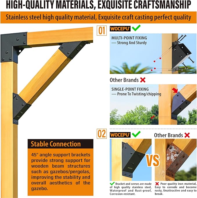 2pack 4x4 (Actual 3.5''x3.5'') Degree Angle Support Brackets, for Pergola, Gazebo, Deck Wood Frame Structures Provide Support 45° Degree Angle Bracket