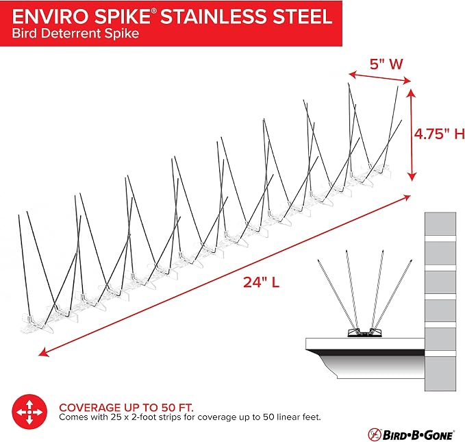 Bird B Gone - Pre-Assembled EnviroSpike Stainless Steel Anti Bird Spikes (50') - UV-Stabilized Polycarbonate Base - Humane Deterrent - Stops Pigeons & Birds from Roosting On Rooftops, Ledges, Fences