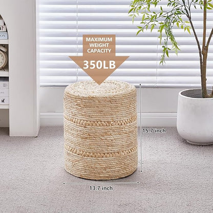 Wimarsbon Natural Seagrass Foot Stool, Hand Weaving Round Ottoman, for Living Room, Outdoor Seat (Beige Corn)