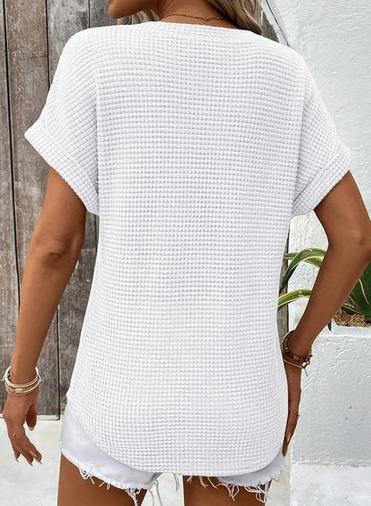 Dokotoo Womens Waffle Knit Tops 2026 Spring Summer V Neck Shirts Casual Trendy Women's Blouses Basic Tee