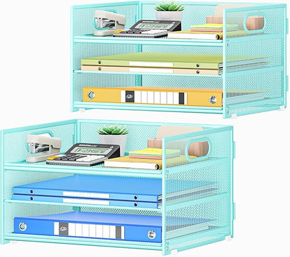 Subekyu 2-Pack 3-Tier Blue Metal Mesh Desk Paper Letter Tray & File Sorter Organizer with Handle + 1 Sliding Tray for Desk, Home, Office, School Supplies, A4 Paper and Accessories Storage