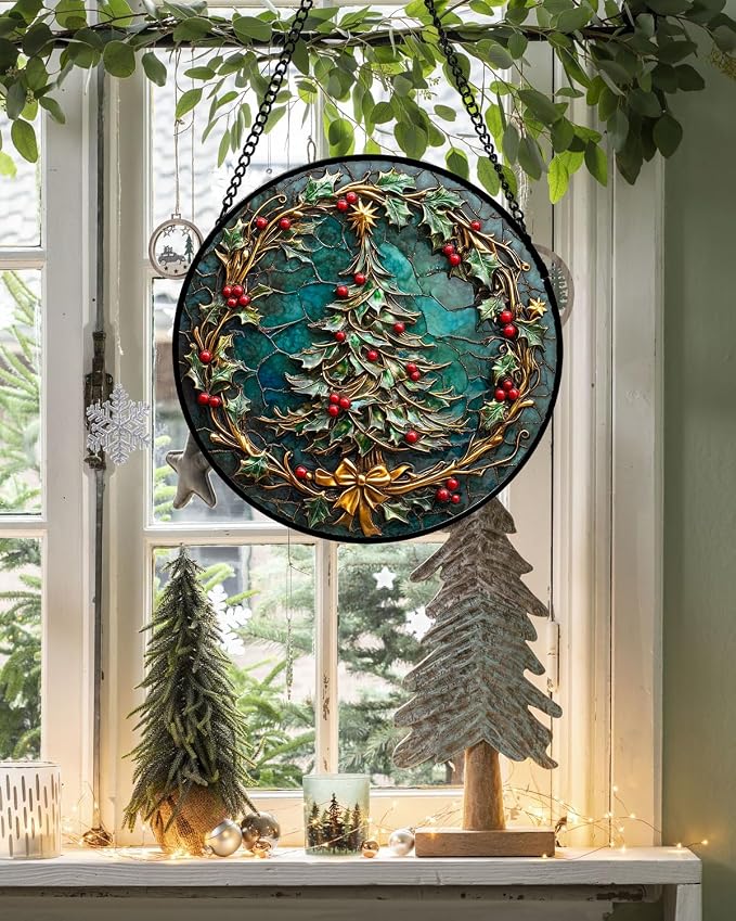 DASTOLL Stained Glass Window Hangings - Red Gold Green Wreath Suncatcher for Door Home Christmas Tree Decoration Sun Catcher Thanksgiving New Year Birthday Gift for Women Men Mom Grandma 9.8 in