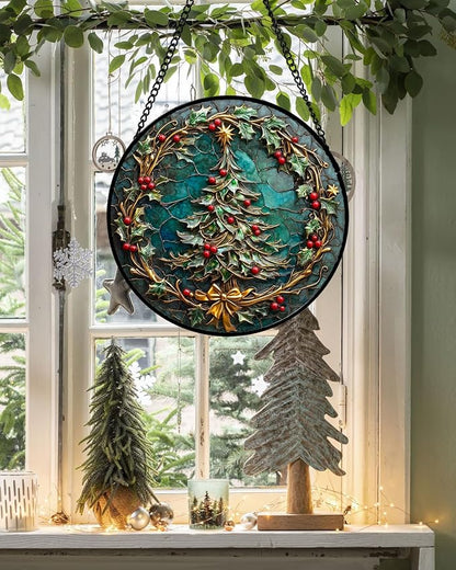 DASTOLL Stained Glass Window Hangings - Red Gold Green Wreath Suncatcher for Door Home Christmas Tree Decoration Sun Catcher Thanksgiving New Year Birthday Gift for Women Men Mom Grandma 9.8 in