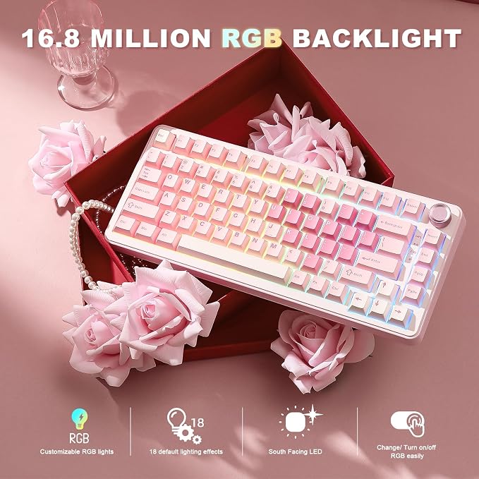 YUNZII B75 PRO 75% Wireless Mechanical Keyboard (Pink,MilkV2) | Hot Swap Keyboard with Knob, Gasket Mount, Creamy Pre-lubed Switch for Smooth Typing, BT/USB-C/2.4G, for Gaming