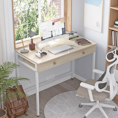 Weehom Computer Desk with Drawers, Home Office Workstation, Beige | Sturdy and spacious workstation for writing, studying and gaming, Suitable for PC and laptop use