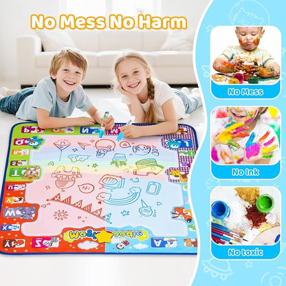 KIZZYEA Toys for 2 3 4 5 6+ Years Old Boys Girls, Water Doodle Mat for Kids, Large Coloring Painting Writing Magic Mat with Neon Colors, Educational Toys Christmas Birthday Gifts for Age 2-4, 3-5