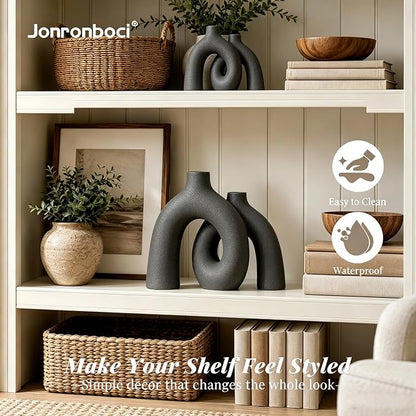 Hug Donut Decorative Vase Set - Dark Gray Modern Minimalism Industrial Style Vases Home Decor, Matte Ceramic Decorations for Living Room Shelf, Bookshelf Mantle Entryway Table or Console Décor(Gray)