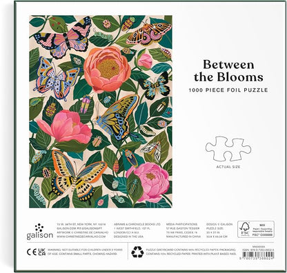Galison Between The Blooms – 1000 Piece Foil Jigsaw Puzzle Featuring Beautiful Artwork of Butterflies Nestled in Blooming Flowers