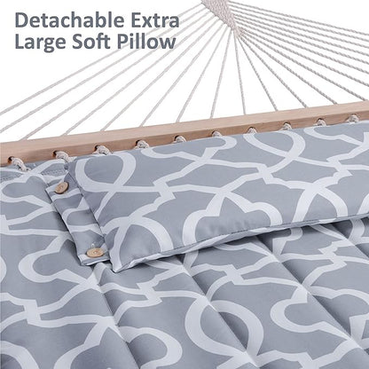 SUNCREAT 55 Inch Extra Large Double Hammock with Stand, 475lbs Capacity, Outdoor Portable Hammock with Hardwood Spreader Bar, Extra Large Pillow, Grey