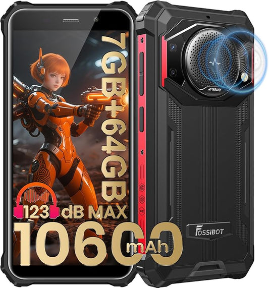 FOSSIBOT F101P Android 13 Rugged Smartphone, 7GB+64GB /1TB Rugged Call Phone 10600mAh Unlocked Phone 123dB Loud Volume Phone 5.45" 24MP+8MP Camera Waterproof Smartphone 4G Dual SIM OTG 18W Charger