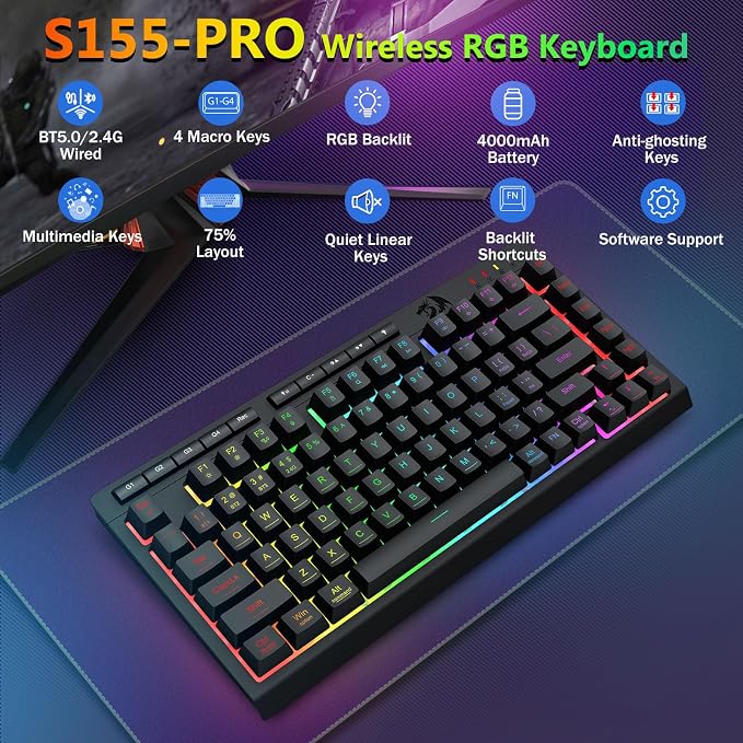 Redragon Wireless Gaming Keyboard and Mouse Combo, 75% Portable, Black | Bluetooth/2.4G/USB-C Wired, RGB Backlit, Quiet Rechargeable Macro Membrane Keyboard & 12800 DPI Mouse for Win/MAC