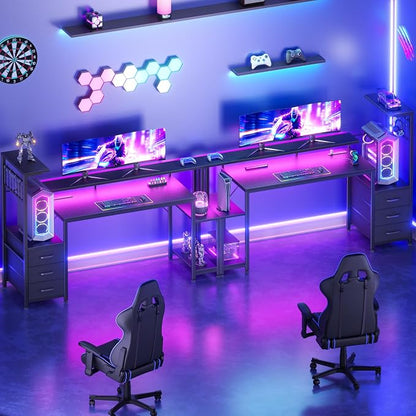 Korfile 55 Inch Gaming Desk with Bluetooth LED Lights & Power Outlets,Computer Desk with Fabric Drawers & Hooks,Reversible Gamer Table with Monitor Stand for Game Room,Home Office,Carbon Fiber Black | Reversible，Computer Desk, Gamer Table, Bluetooth LE...