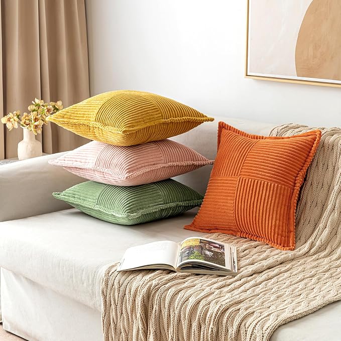 MIULEE Fall Orange Decorative Throw Pillow Covers for Couch Bed Livingroom 18x18 Inch Set of 2 Boho Accent Throw Pllows Broadside Striped Patchwork Soft Corduroy Pillowcases