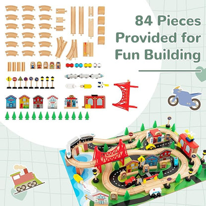 INFANS Train Table, 80 Pieces Wooden Kids Activity Toy Table Playset with Reversible Detachable Tabletop, Tracks, Train, Railway, City, Gift for Toddler Boys Girls Ages 3+ (32.5" x 23.5" x 16")