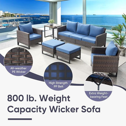Belord Wicker Patio Furniture 5 Piece Outdoor Sofa Set, Oversize Outdoor Swivel Rocker Chairs with Rattan Ottomans, Conversation Sets Patio Furniture Come with Removable Cushion Blue, Anti-Rust Frame