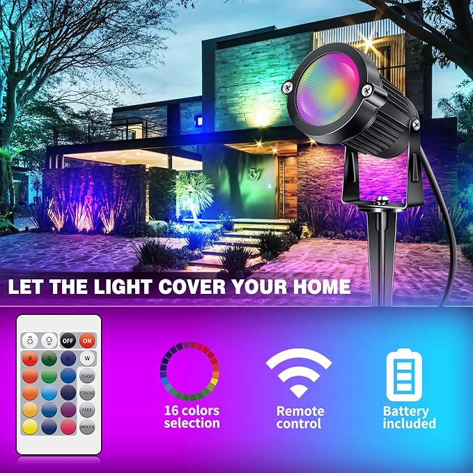 RGB+W Low Voltage Landscape Lights with Remote Control 5W 12V Landscape Lighting LED 16 Color Changing Spotlights Outdoor Waterproof Pathway Lights Garden Decorative(Not Include Transformer)