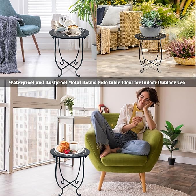 Round Side Table Set of 2, Metal Patio Side Tables End Tables, Weather Resistant Round Coffee Table Bedside Table Nightstand for Home Garden Office, 14 Inch Outdoor Side Table for Patio Balcony Yard
