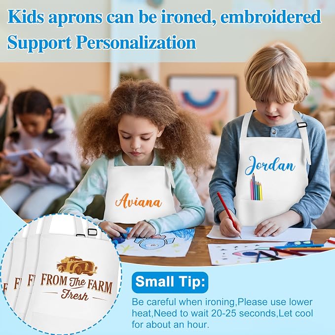 6 Pack Kids Apron bulk with 2 Pockets Adjustable Chef Art Apron Kids Painting Aprons for Cooking Baking Painting Crafting Grilling Activity（White）