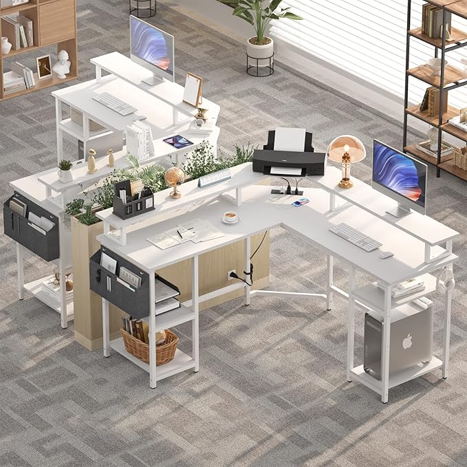 Aheaplus L Shaped Gaming Desk with Power Outlets & LED Lights, Computer Corner Desk with Monitor Stand and Storage Shelf, Home Office Writing Desk with Storage Bag, White